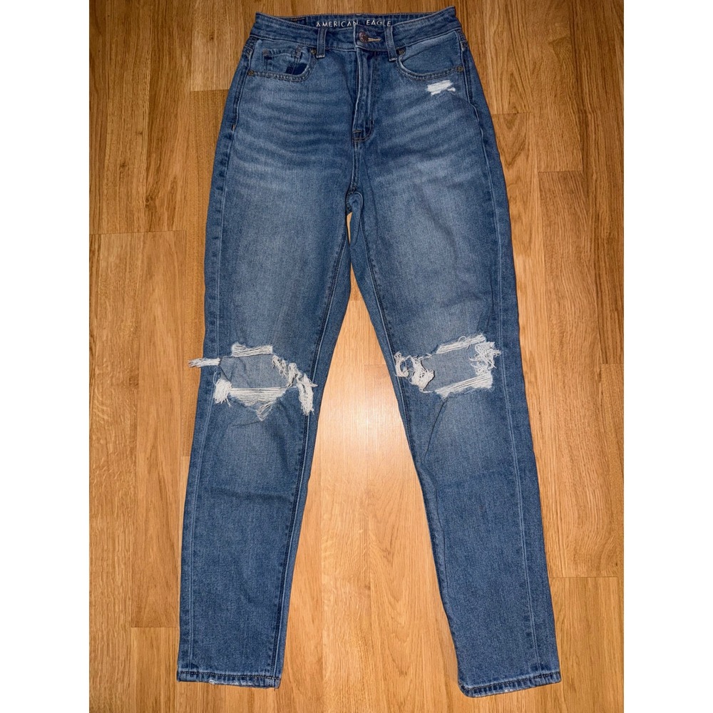 American Eagle Mom Jeans Womens 00 Medium Wash Distressed Ripped High Waisted